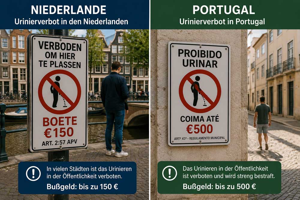 Verbotsschilder gegen öffentliches Urinieren in Amsterdam und Portugal mit Hinweisen auf hohe Geldstrafen für Touristen.