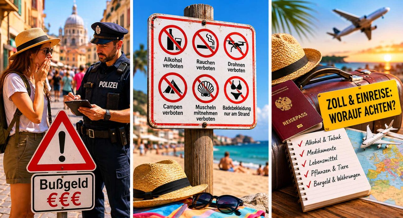 Collage mit Polizeikontrolle, Verbotsschildern am Strand und Zollhinweisen zu typischen Bußgeldern im Urlaub.