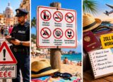 Collage mit Polizeikontrolle, Verbotsschildern am Strand und Zollhinweisen zu typischen Bußgeldern im Urlaub.