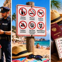 Collage mit Polizeikontrolle, Verbotsschildern am Strand und Zollhinweisen zu typischen Bußgeldern im Urlaub.