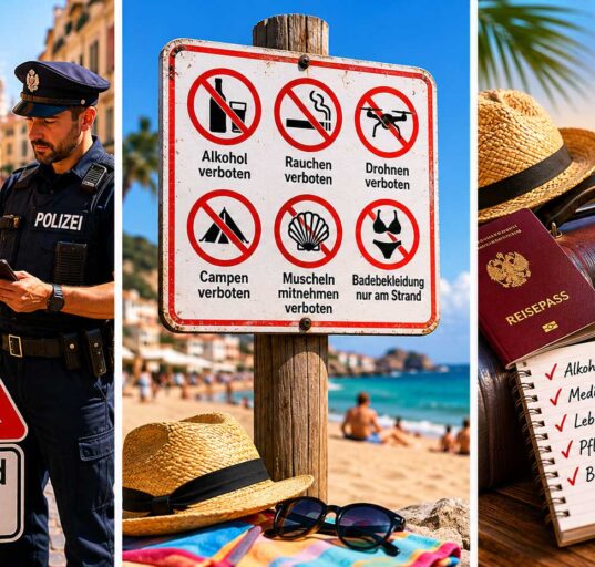 Collage mit Polizeikontrolle, Verbotsschildern am Strand und Zollhinweisen zu typischen Bußgeldern im Urlaub.