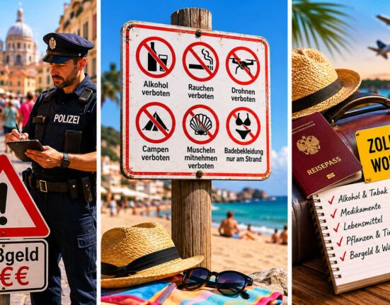 Collage mit Polizeikontrolle, Verbotsschildern am Strand und Zollhinweisen zu typischen Bußgeldern im Urlaub.