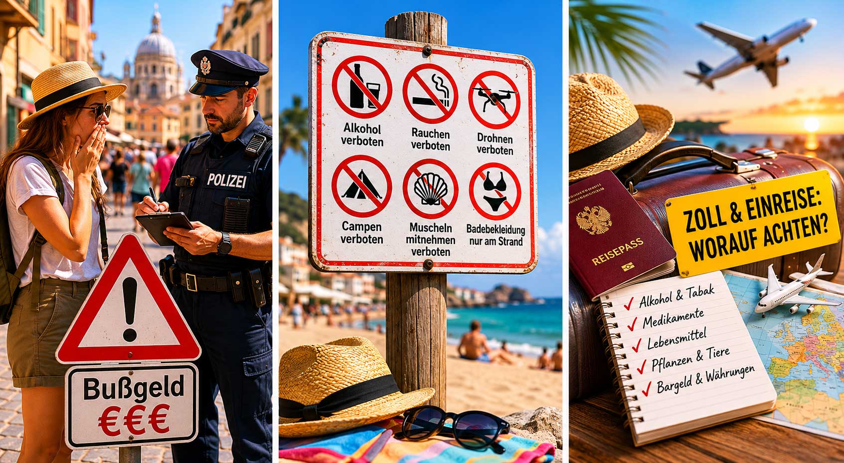 Collage mit Polizeikontrolle, Verbotsschildern am Strand und Zollhinweisen zu typischen Bußgeldern im Urlaub.