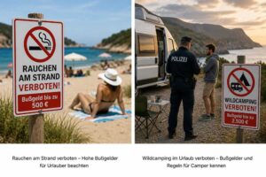 Verbotsschilder gegen Rauchen am Strand und Wildcamping mit möglichen Bußgeldern für Urlauber.