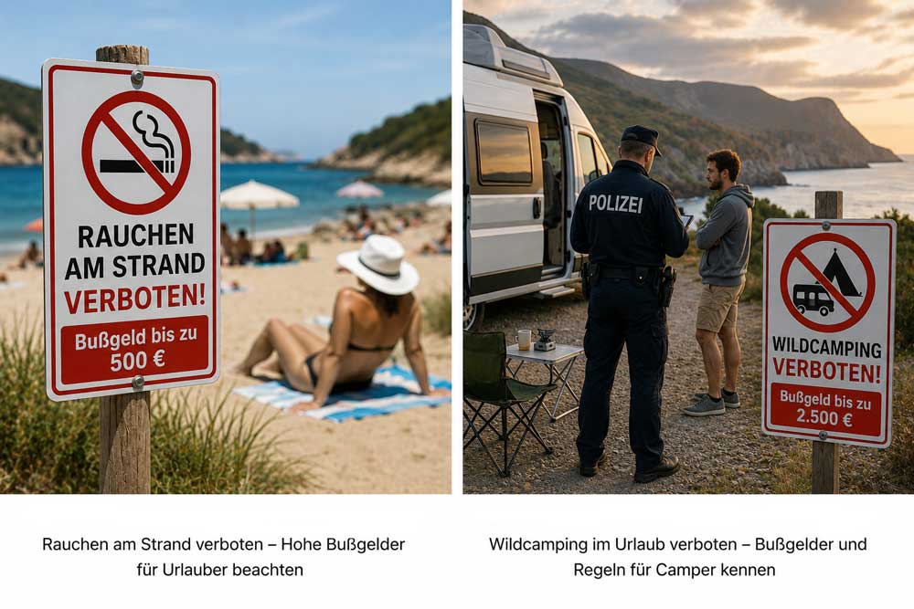 Verbotsschilder gegen Rauchen am Strand und Wildcamping mit möglichen Bußgeldern für Urlauber.