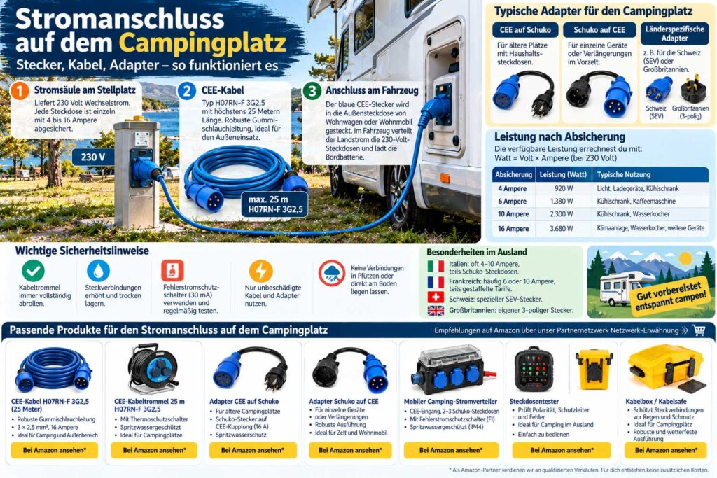 Camping-Stromanschluss: Stecker, Kabel und Adapter