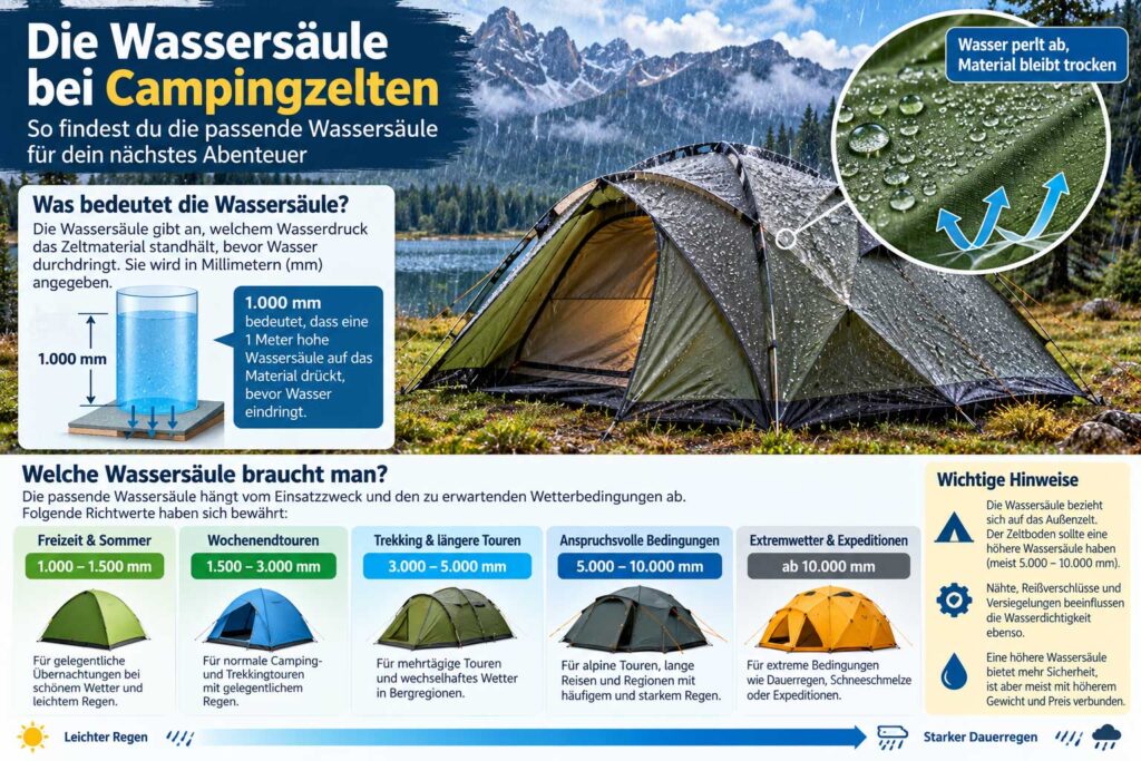 Infografik: Wassersäule bei Campingzelten mit Richtwerten von 1.000 bis 10.000 Millimetern
